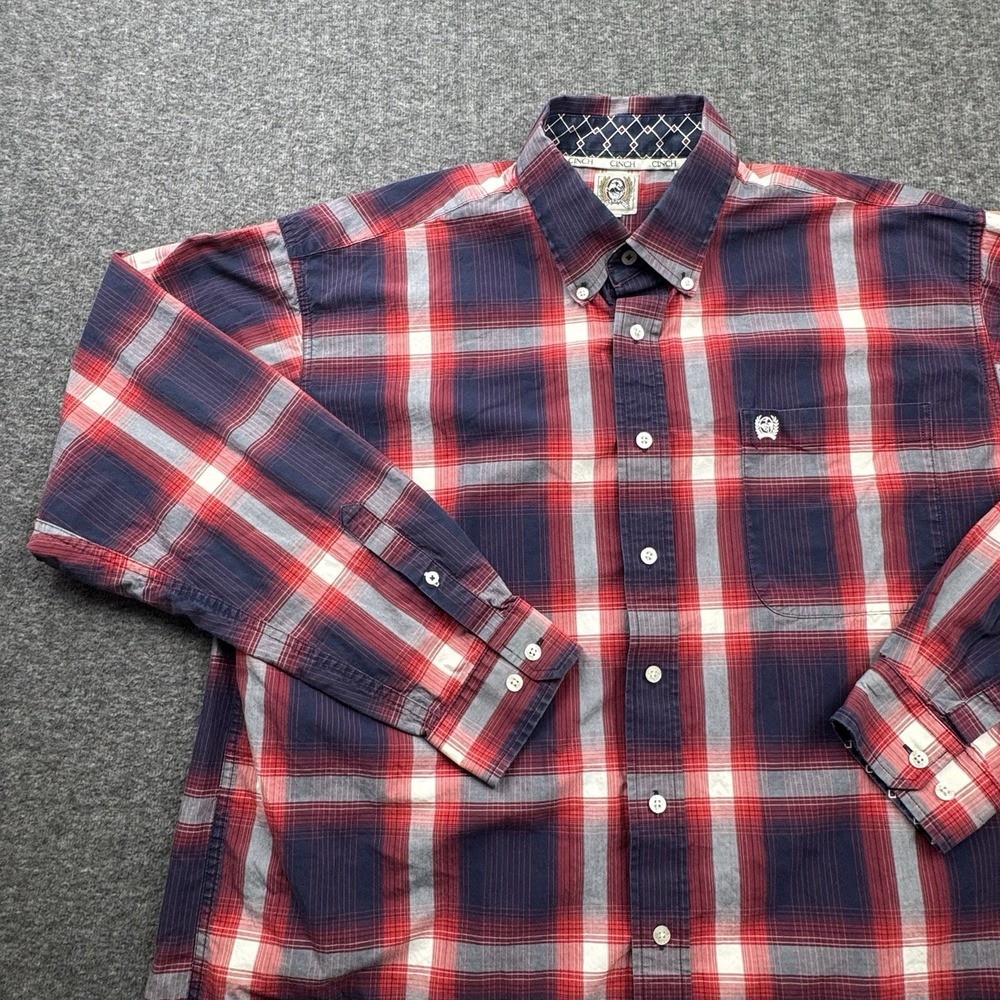 Cinch Shirt Button Down Mens Sz Large Red Blue Plaid Long Sleeve Western Cowboy